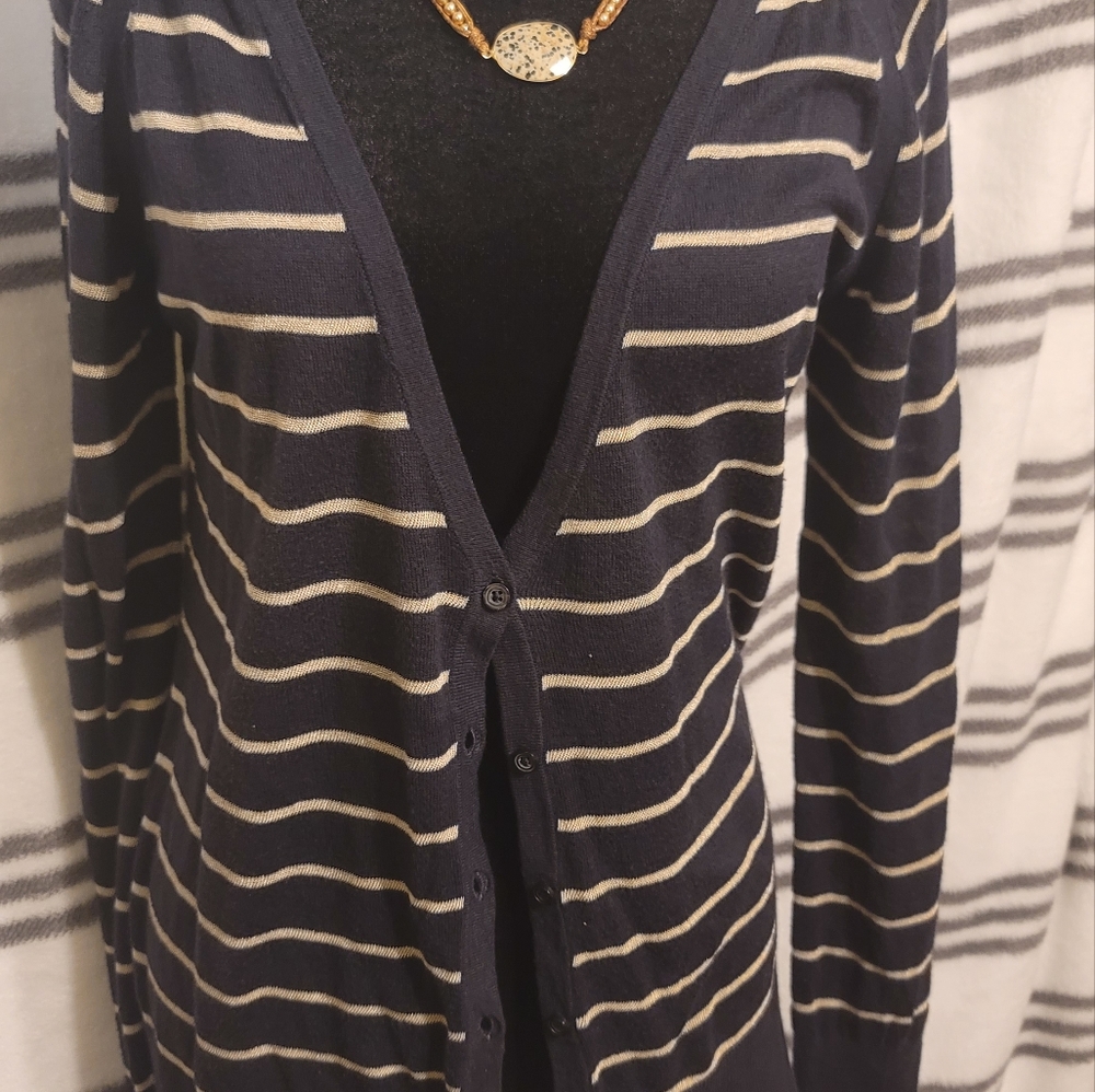 Banana Republic  navy blue and gold cardigan, front buttons